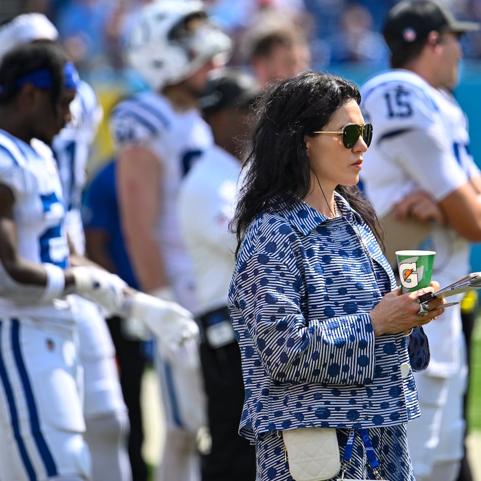 Indianapolis Colts owner Carlie Irsay-Gordon roams the sidelines during games, and her passive, hands-on approach has garnered the respect of the team's players, coaches and staff. (John Amis/AP)