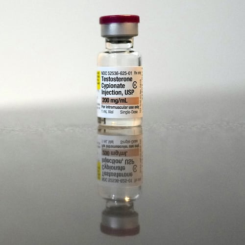 FILE - A vial of testosterone cypionate in Columbus, Ohio, on Jan. 18, 2024. (AP Photo/Carolyn Kaster, File)