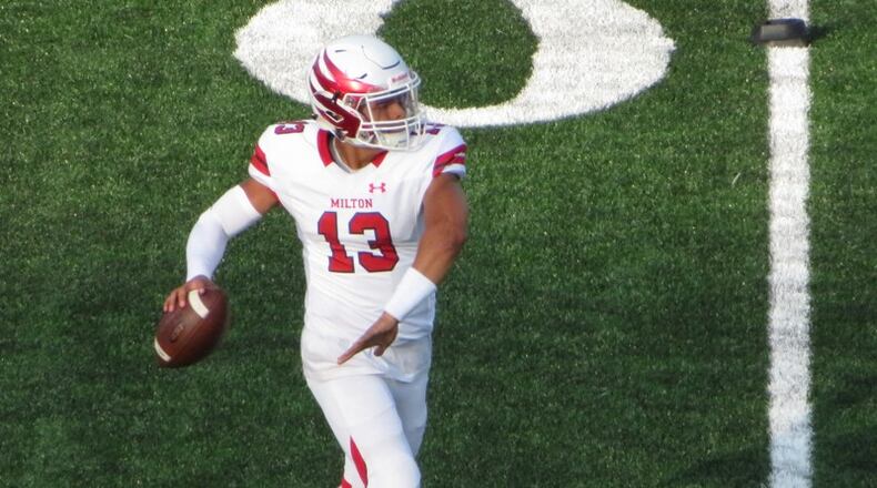 Milton quarterback Jordan Yates, a Georgia Tech signee, passed for 2,590 yards and rushed for 958 while leading his team to its first state championship in history in 2018.