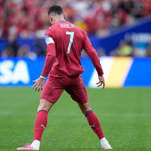 Portugal's Cristiano Ronaldo celebrates after scoring the opening goal during the World Cup Group K soccer match between Portugal and Uzbekistan in Houston, Tuesday, June 23, 2026. (AP Photo/Ashley Landis)