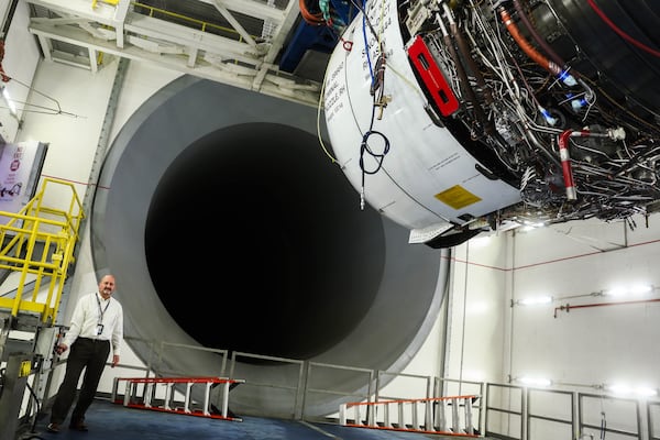 A Rolls-Royce Trent 1000 engine hangs in the test cell at the Delta TechOps campus in Atlanta on Tuesday, November 18, 2025. (Abbey Cutrer/AJC)