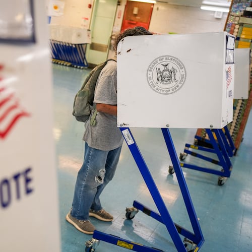A voter casts a ballot during New York’s primary election on Tuesday, June 23, 2026, in New York. (AP Photo/Ryan Murphy)