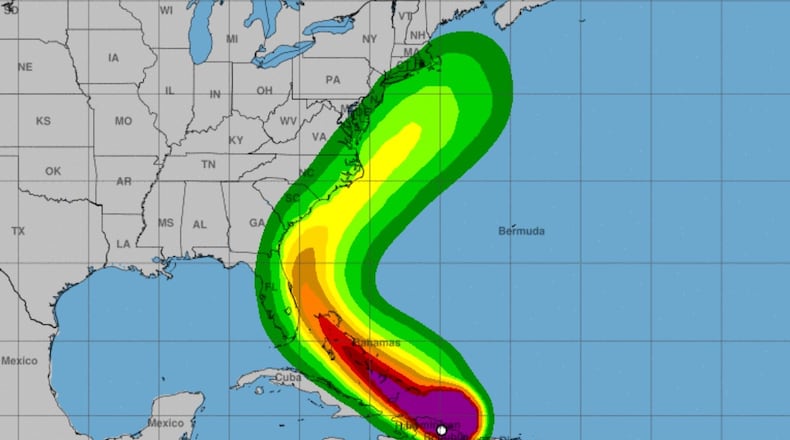 Tropical-storm-force wind speed probabilities for tropical storm Isaias, from the National Oceanic and Atmospheric Administration.