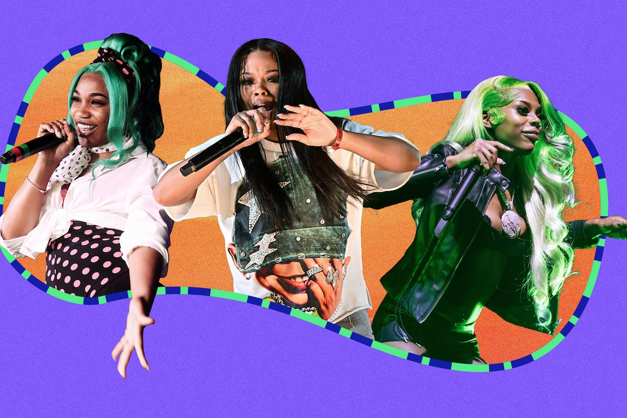 (From left): Rappers BunnaB, Bankroll Ni and Pluto took over in 2025. (Jessi Ezparza/AJC | Source: Getty Images, Abbey Cutrer, UnSplash)