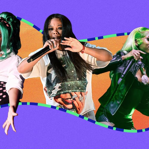(From left): Rappers BunnaB, Bankroll Ni and Pluto took over in 2025. (Jessi Ezparza/AJC | Source: Getty Images, Abbey Cutrer, UnSplash)