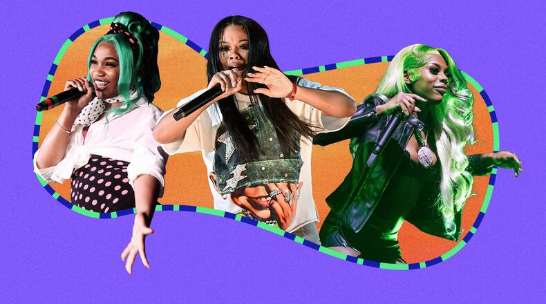 (From left): Rappers BunnaB, Bankroll Ni and Pluto took over in 2025. (Jessi Ezparza/AJC | Source: Getty Images, Abbey Cutrer, UnSplash)