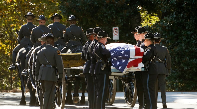 10/24/18 - Lawrenceville - A caisson carrying the casket arrives at the church.  Funeral services were held for Gwinnett Police Officer Antwan Toney at 12Stone church in Lawrenceville.  He was shot and killed last Saturday.   BOB ANDRES / BANDRES@AJC.COM