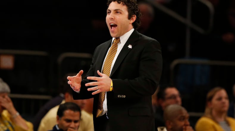 Georgia Tech coach Josh Pastner directs his team against Cal State Bakersfield during the first half of an NCAA college basketball game in the semifinals of the NIT Tuesday, March 28, 2017, in New York. (AP Photo/Kathy Willens)