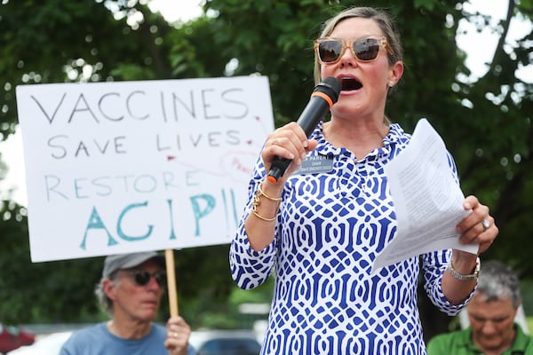 Sen. Elena Parent speaks at a protest outside the CDC in Atlanta on Wednesday, June 25, 2025.  (Abbey Cutrer/AJC)