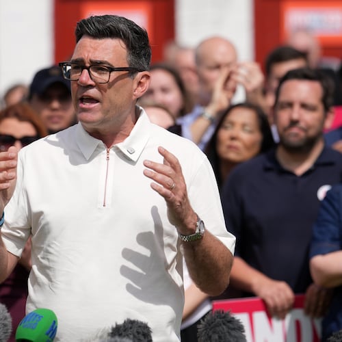 Britain's Labour party candidate Andy Burnham speaks to supporters after the Makerfield by-election in Ashton in Makerfield, England, Friday, June 19, 2026.(AP Photo/Jon Super)