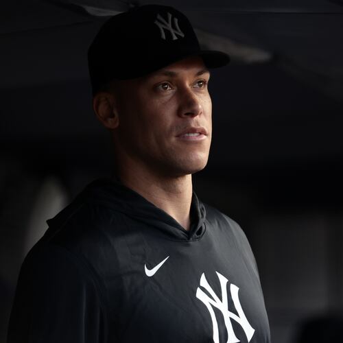 New York Yankees' Aaron Judge looks on from the dugout during the third inning of a baseball game against the Los Angeles Dodgers, Friday, July 17, 2026, in New York. (AP Photo/Adam Hunger)