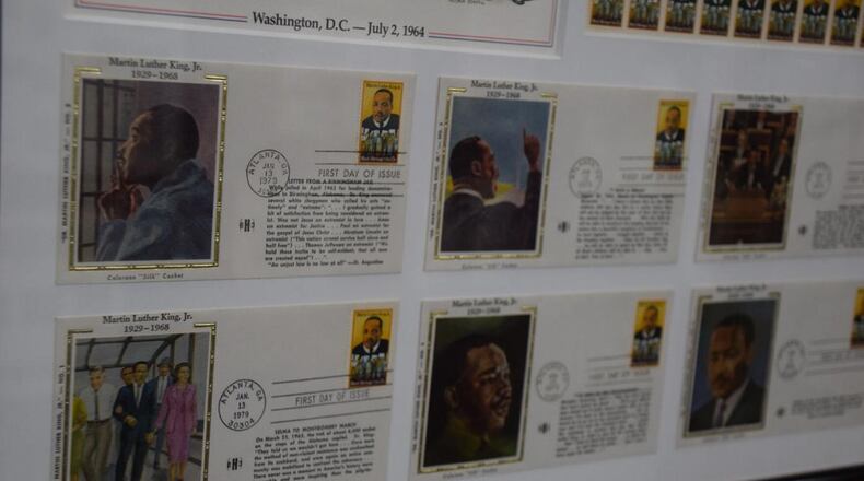 First Day of Issue stamps highlighting various moments in the life of Rev. Martin Luther King Jr. are shown in Mike Glenn's Black History stamp collection. (Courtesy of Curt Yeomans)