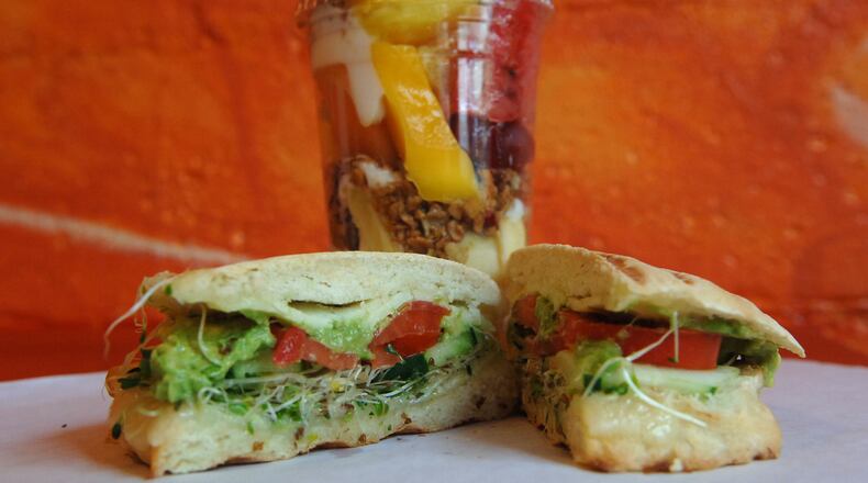 Just Veggin' sandwich and a Dolce Vitta fruit cup from LottaFrutta. (Becky Stein/SPECIAL)