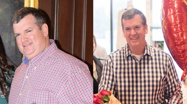 Jim Aycock weighed 274 pounds in the photo on the left, taken in November 2016. In the photo on the right, taken in February, he weighed 207 pounds. He’s now down to 204 pounds. (Before photo contributed by Jim Aycock; after photo contributed by KVC Photography, www.kvcphotography.com).