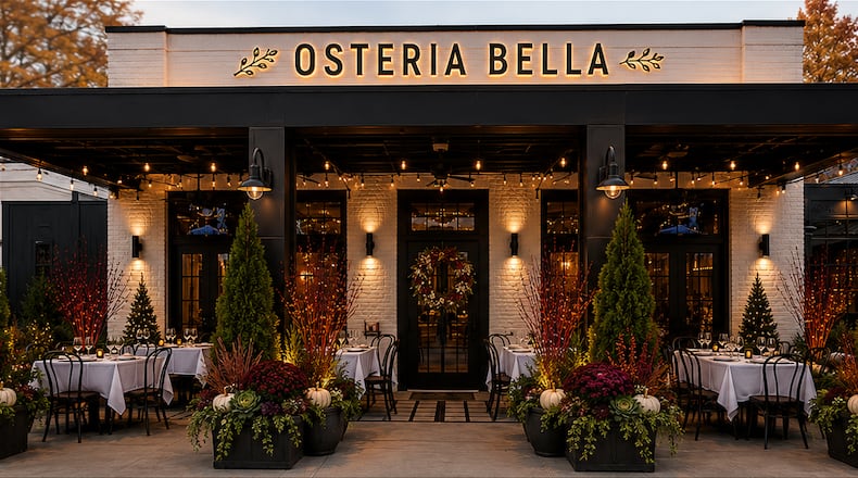 The exterior of a modern Italian restaurant called Osteria Bella at dusk.
