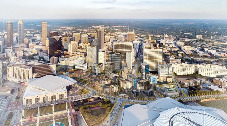 A rendering from developer CIM Group shows the California-based company’s vision for downtown Atlanta’s Gulch, stretching from Mercedes-Benz Stadium, right, to the Five Points MARTA station.