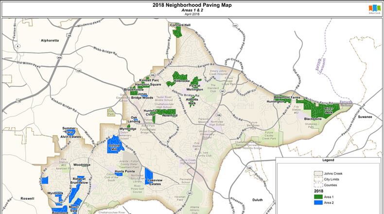 Johns Creek has wrapped up the fourth round of neighborhood street repaving, with the areas addressed by the effort depicted in this map. CITY OF JOHNS CREEK