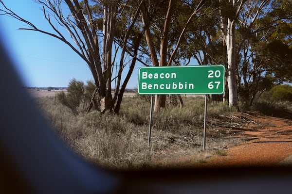 A road sign stands near Beacon, Western Australia, Friday, July 11, 2025, near where missing German backpacker Carolina Wilga was last seen. (ABC News via AP)