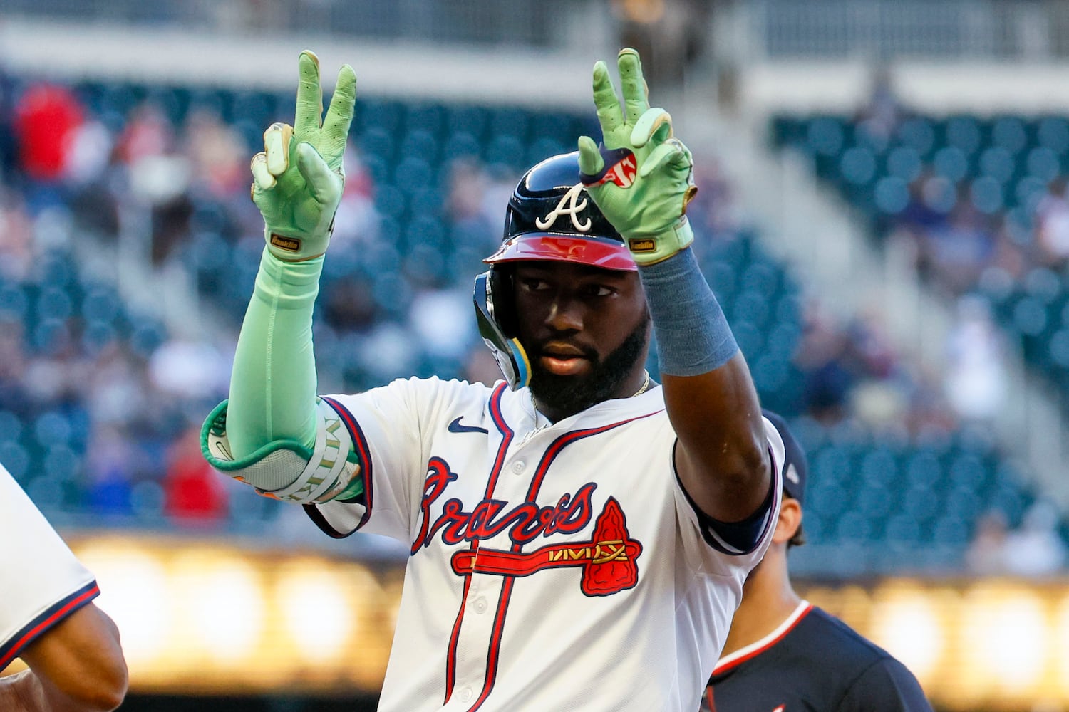 Atlanta Braves outfielder Michael Harris II (23) reacts after his RBI-single during the third inning against the Washington Nationals on Monday, May 12, 2025, in Atlanta.  
(Miguel Martinez/ AJC)