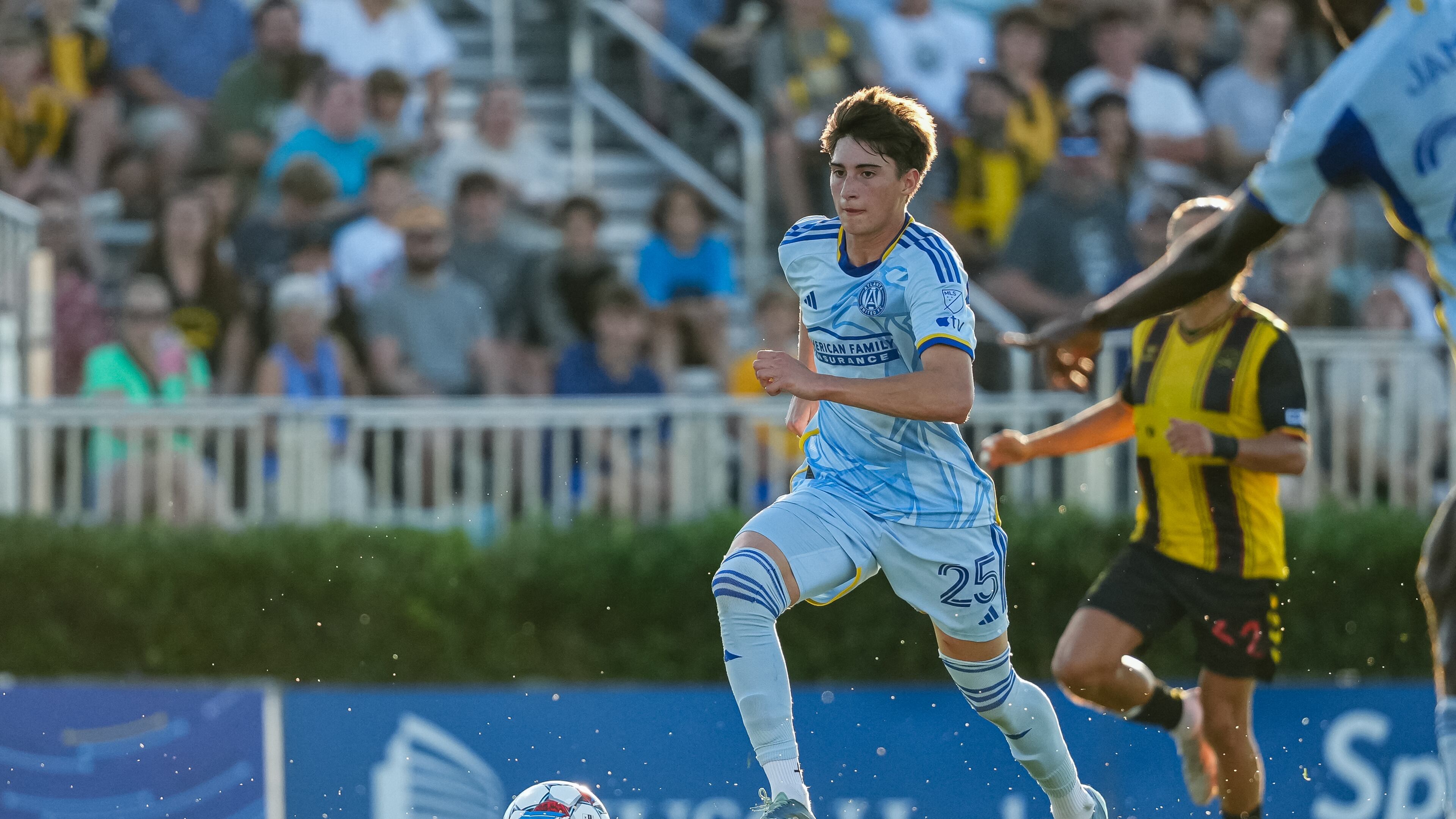 Atlanta United forward Luke Brennan dribbles the ball during the US Open Cup match against the Charleston Battery at Patriots Point Soccer Stadium in Mount Pleasant, South Carolina, on Tuesday, May 21, 2024. (Mitch Martin/Atlanta United)