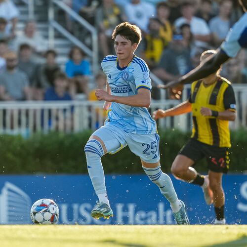 Atlanta United forward Luke Brennan dribbles the ball during the US Open Cup match against the Charleston Battery at Patriots Point Soccer Stadium in Mount Pleasant, South Carolina, on Tuesday, May 21, 2024. (Mitch Martin/Atlanta United)
