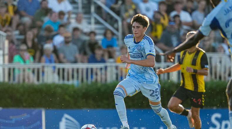 Atlanta United forward Luke Brennan dribbles the ball during the U.S. Open Cup match against the Charleston Battery at Patriots Point Soccer Stadium in Mount Pleasant, SC on Tuesday May 21, 2024. (Photo by Mitch Martin/Atlanta United)