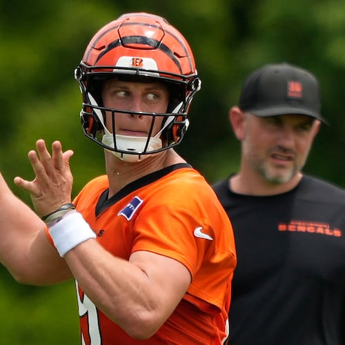 Cincinnati Bengals' quarterback Joe Burrow throws a pass during the NFL football team's practice in Cincinnati, Tuesday, June 9, 2026. (AP Photo/Carolyn Kaster)