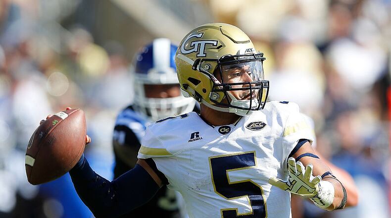 Georgia Tech quarterback Justin Thomas looks to pass against Duke at Bobby Dodd Stadium on October 29, 2016 in Atlanta, Georgia. (Photo by Kevin C. Cox/Getty Images)