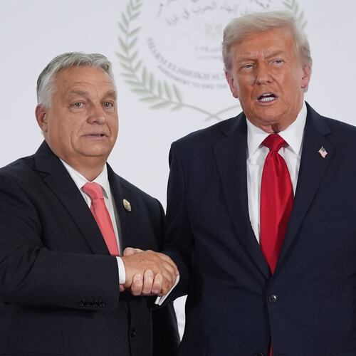 President Donald Trump greets Hungary's Prime Minister Viktor Orban during a summit to support ending the more than two-year Israel-Hamas war in Gaza after a breakthrough ceasefire deal, Monday, Oct. 13, 2025, in Sharm El Sheikh, Egypt. (AP Photo/Evan Vucci, Pool)