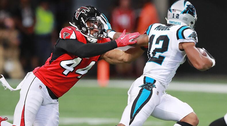 Falcons linebacker Vic Beasley Jr. tries to run down Panthers wide receiver DJ Moore on Sunday, Sept 16, 2018, in Atlanta. Curtis Compton/ccompton@ajc.com