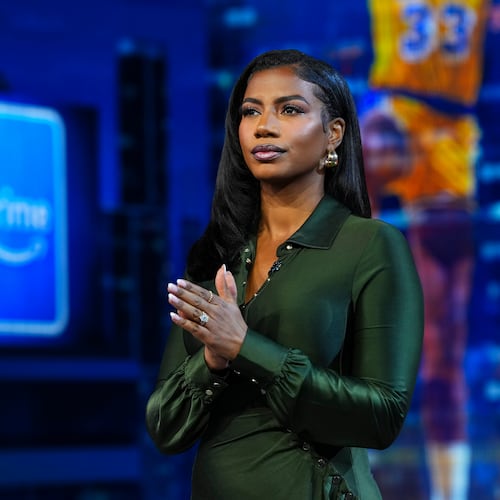 Taylor Rooks looks on from the set of the “NBA on Prime” halftime show at Amazon Studios on Friday, Oct. 24, 2025, in Culver City, Calif. The Georgia native is building on personal experiences to support families facing financial hardship. (Cooper Neill via AP 2025)