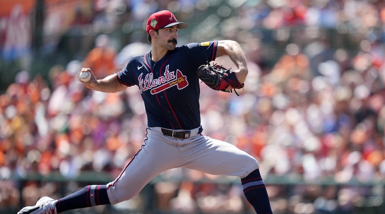 Atlanta Braves' Spencer Strider pitches during the first inning of a spring training baseball game against the Baltimore Orioles, Saturday, Feb. 28, 2026, in Sarasota. (Matt Slocum/AP)