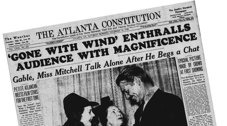 The Saturday, Dec. 16, 1939 edition of The Atlanta Constitution captures the excitement of the premiere of "Gone With the Wind." (AJC Archive)