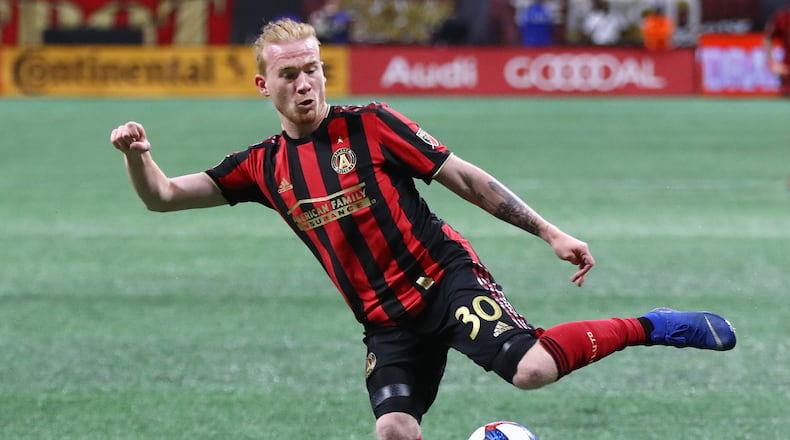 March 10, 2019 Atlanta: Atlanta United midfielder Andrew Carleton works against FC Cincinnati in their MLS soccer match on Sunday, March 10, 2019, in Atlanta.    Curtis Compton/ccompton@ajc.com
