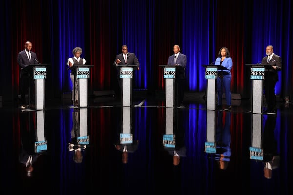 Democratic candidates for Congress Everton Blair (from left), Jasmine Clark, Jeffree Fauntleroy, Emanuel Jones, Heavenly Kimes and Joe Lester participate in the Atlanta Press Club Loudermilk-Young District 13 debate April 27, 2026. (Arvin Temkar/AJC)
