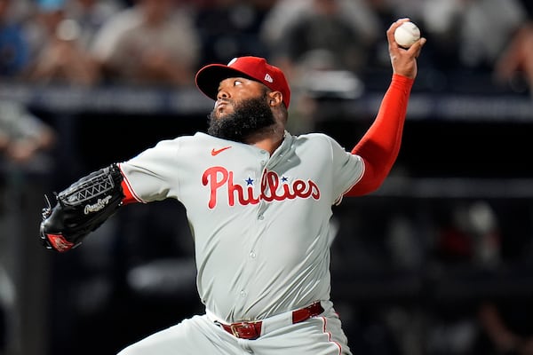 Philadelphia Phillies pitcher José Alvarado delivers to the Tampa Bay Rays during the ninth inning of a baseball game Thursday, May 8, 2025, in Tampa, Fla. (AP Photo/Chris O'Meara)
