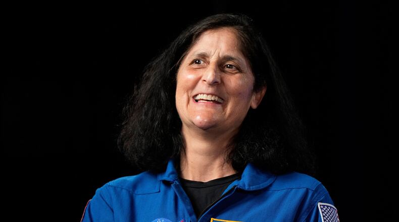 FILE - Astronaut Suni Williams is interviewed at Johnson Space Center on March 31, 2025, in Houston. (AP Photo/Ashley Landis, File)