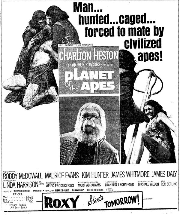 An ad for the opening weekend of "Planet of the Apes," from The Atlanta Constitution on April 4, 1968. (Atlanta Constitution on ProQuest)