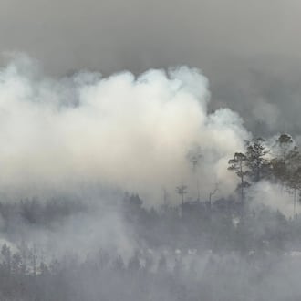 The photo provided by the Office of Gov. Brian Kemp shows smoke produced by a wildfire in Brantley County, Ga., Friday, April 24, 2026. (Office of Gov. Brian Kemp via AP)