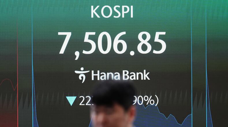 A dealer walks past a screen showing the Korea Composite Stock Price Index (KOSPI) at a dealing room of Hana Bank in Seoul, South Korea, Thursday, June 11, 2026. (AP Photo/Lee Jin-man)