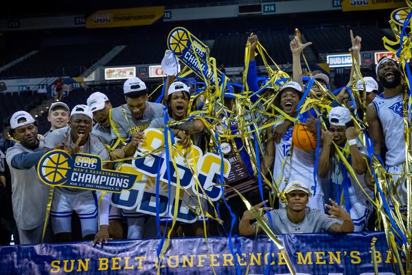 Georgia State players celebrate after winning the Sun Belt Tournament on Monday night in Pensacola, Fla. (AJ Henderson / Sun Belt Conference)
