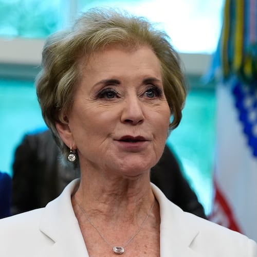 Education Secretary Linda McMahon speaks in the Oval Office of the White House before President Donald Trump signs an executive order regarding childhood cancer and the use of AI, Tuesday, Sept. 30, 2025, in Washington. (AP Photo/Alex Brandon)