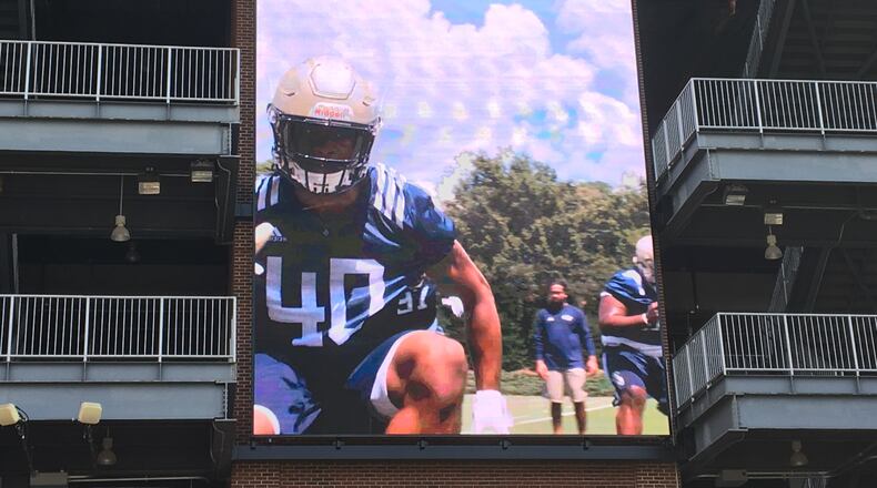 The video board that was assembled at the north end of Bobby Dodd Stadium the week of August 6, 2018. (Mike Flynn/GT Athletics)