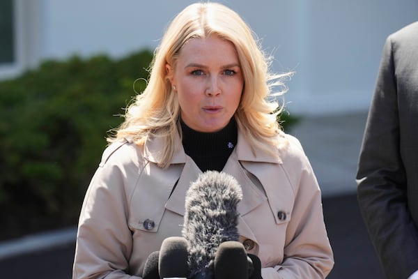 White House press secretary Karoline Leavitt speaks to reporters outside the West Wing of the White House, Wednesday, April 9, 2025, in Washington. (AP Photo/Jacquelyn Martin)