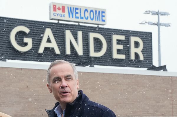 Canada Liberal Leader Mark Carney arrives in Gander, N.L., on Monday, March 24, 2025. (Frank Gunn/The Canadian Press via AP)