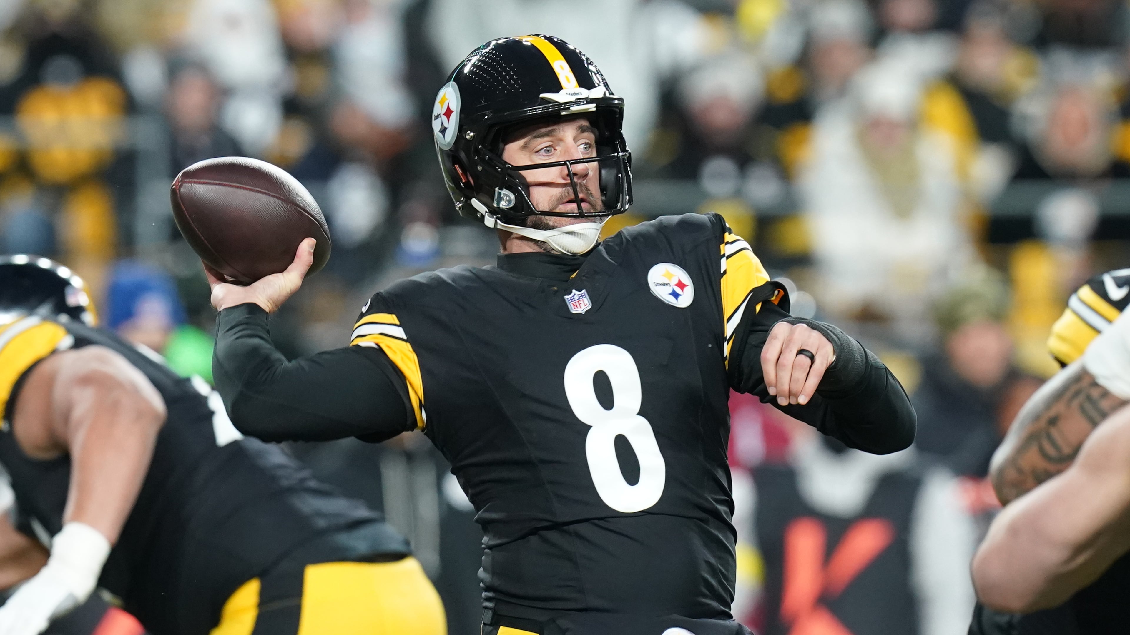 Pittsburgh Steelers quarterback Aaron Rodgers (8) throws during the first half of an NFL football game against the Buffalo Bills Sunday, Nov. 30, 2025, in Pittsburgh. (AP Photo/Matt Freed)