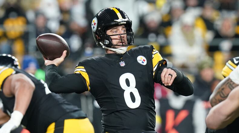 Pittsburgh Steelers quarterback Aaron Rodgers (8) throws during the first half of an NFL football game against the Buffalo Bills Sunday, Nov. 30, 2025, in Pittsburgh. (AP Photo/Matt Freed)