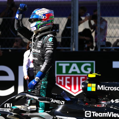 Mercedes driver Andrea Kimi Antonelli of Italy celebrates after winning the Spanish Formula One Grand Prix race in Madrid, Sunday, Sept. 13, 2026. (AP Photo/Manu Fernandez)