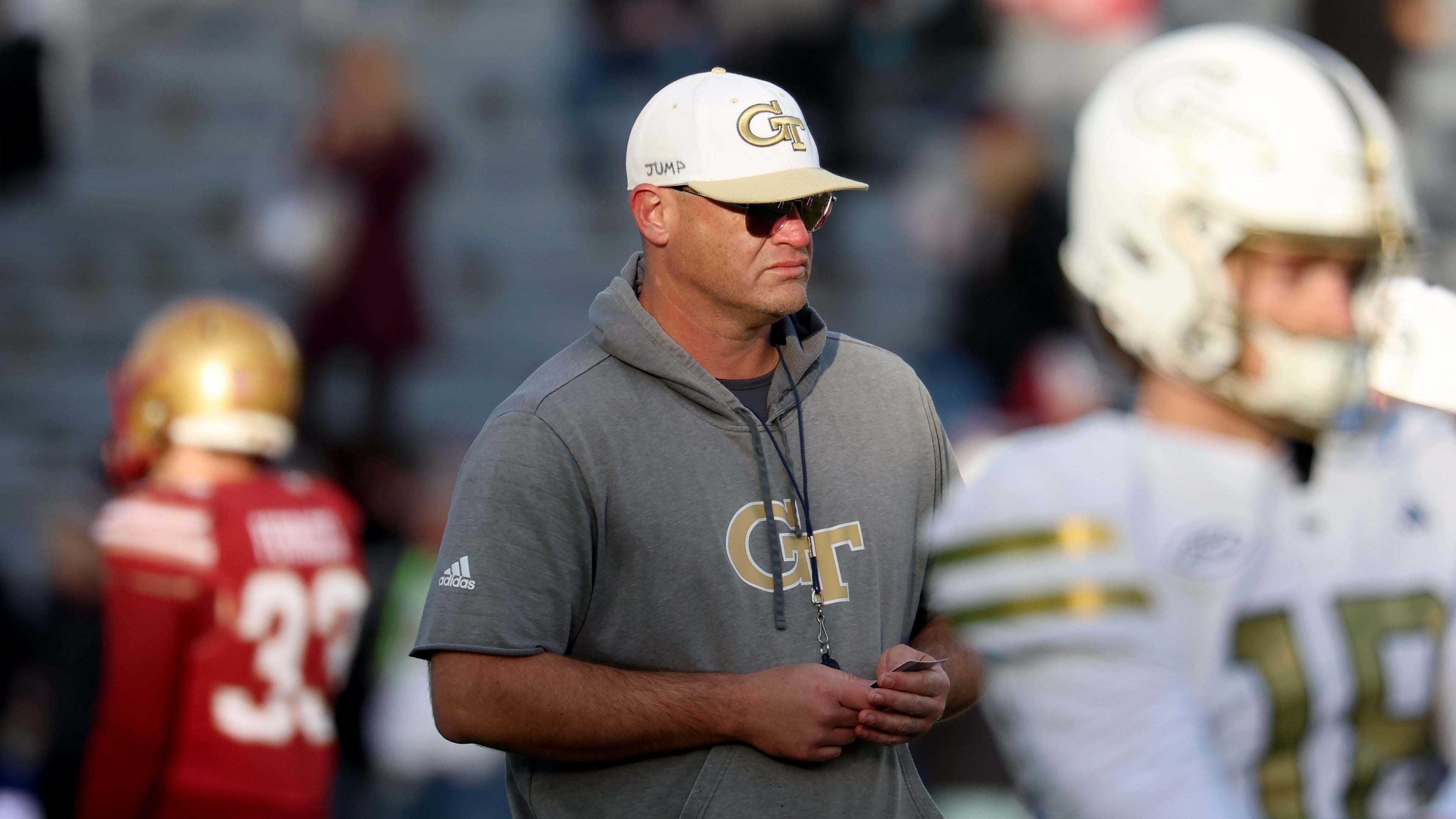 Georgia Tech coach Brent Key looks on during warm-ups before the game against Boston College on Saturday, Nov. 15, 2025, in Boston. Key said of the tough win: “We’ve had two performances in a row that we did not do a good job in certain areas. But, this one, we got a win out of it." (Mark Stockwell/AP)
