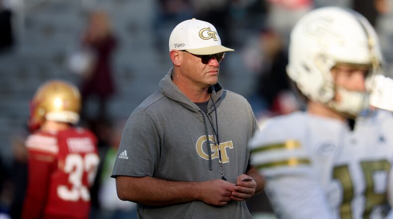 Georgia Tech coach Brent Key looks on during warm-ups before the game against Boston College on Saturday, Nov. 15, 2025, in Boston. Key said of the tough win: “We’ve had two performances in a row that we did not do a good job in certain areas. But, this one, we got a win out of it." (Mark Stockwell/AP)